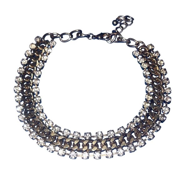 Vintage Double Row Rhinestone Necklace Gold Tone Link Lobster Claw Clasp - Picture 2 of 7